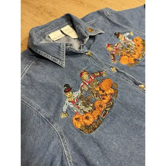 Vintage 90s Embroidered Autumn Scarcrow Shirt M Button Cotton Granny Kitch - Picture 2 of 7